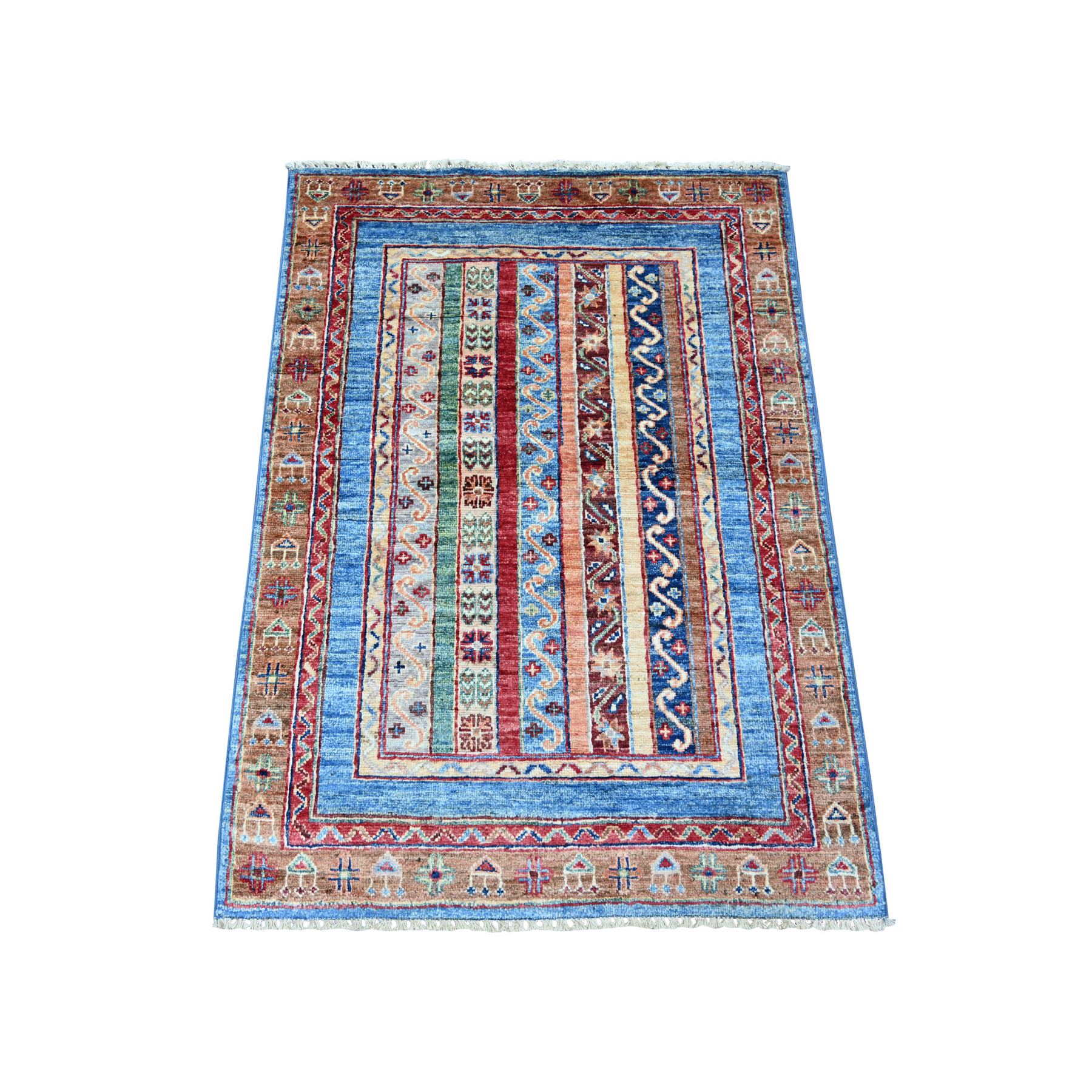 Colorful, Afghan Super Kazak with Shawl Design, Soft and Shiny Wool, Hand Knotted, Vegetable Dyes, Sample, Mat, Oriental Rug